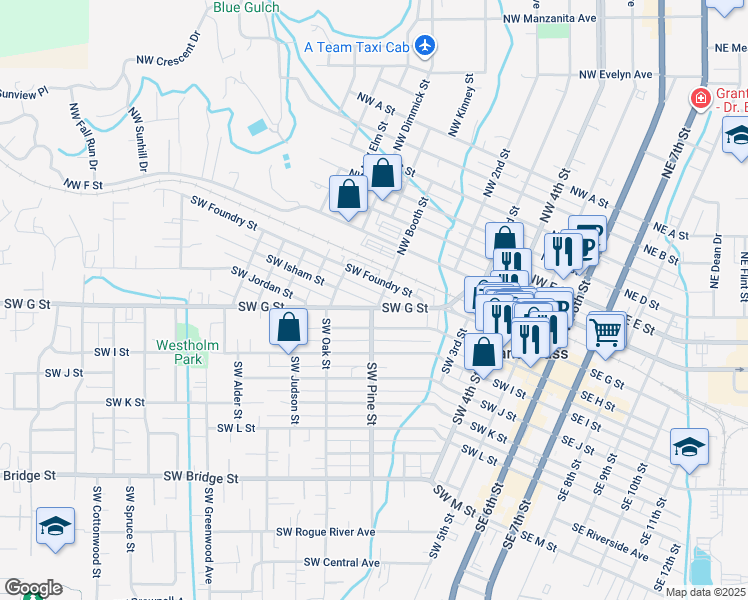 map of restaurants, bars, coffee shops, grocery stores, and more near 110 Southwest Booth Street in Grants Pass