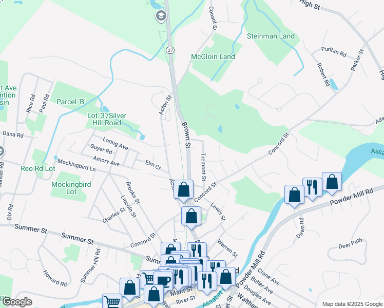 map of restaurants, bars, coffee shops, grocery stores, and more near 37 Massachusetts 27 in Maynard