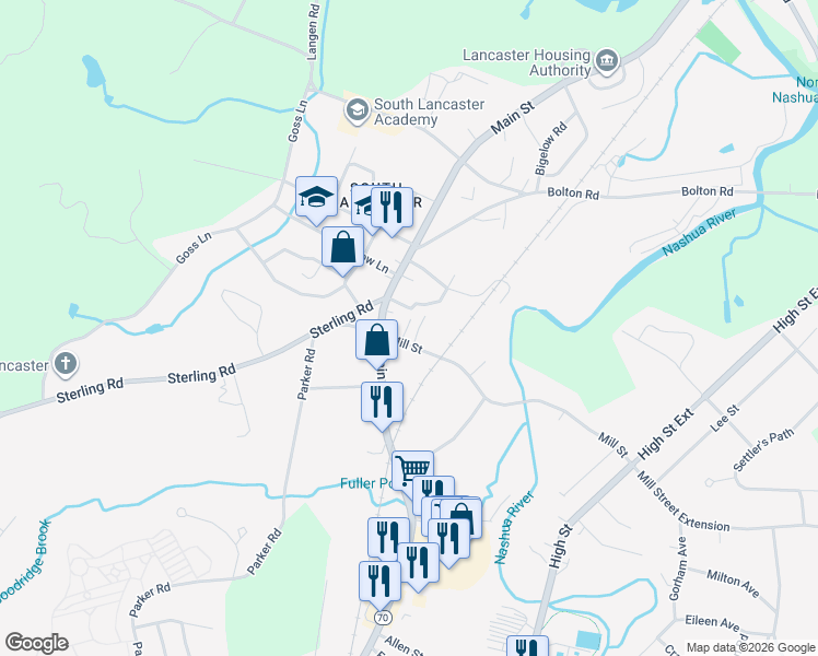 map of restaurants, bars, coffee shops, grocery stores, and more near 45 Bennett Lane in Lancaster