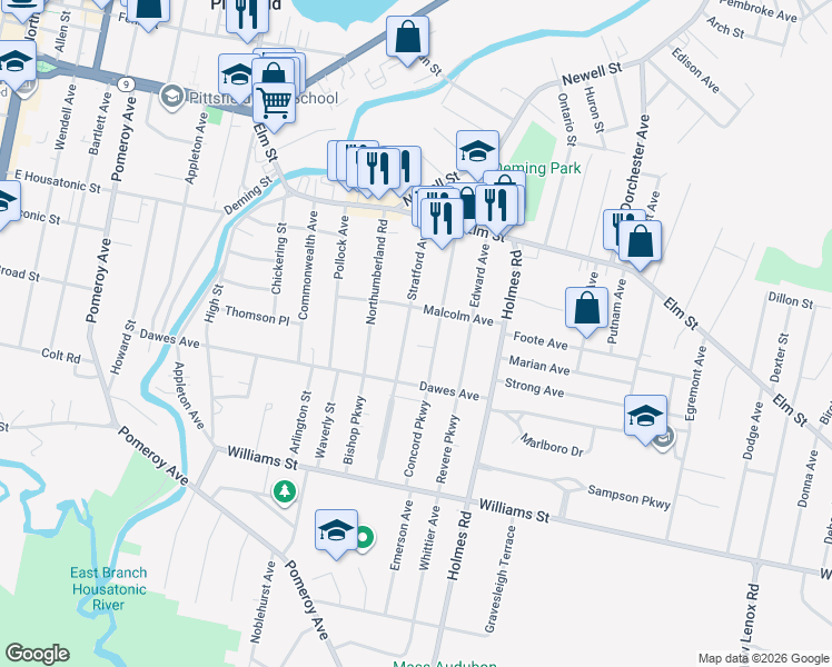 map of restaurants, bars, coffee shops, grocery stores, and more near 95 Stratford Avenue in Pittsfield
