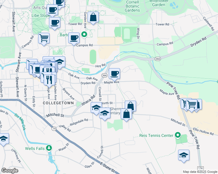 map of restaurants, bars, coffee shops, grocery stores, and more near 54 Fairview Square in Ithaca