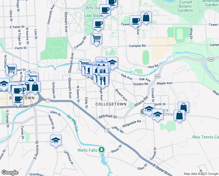 map of restaurants, bars, coffee shops, grocery stores, and more near 306 Bryant Avenue in Ithaca