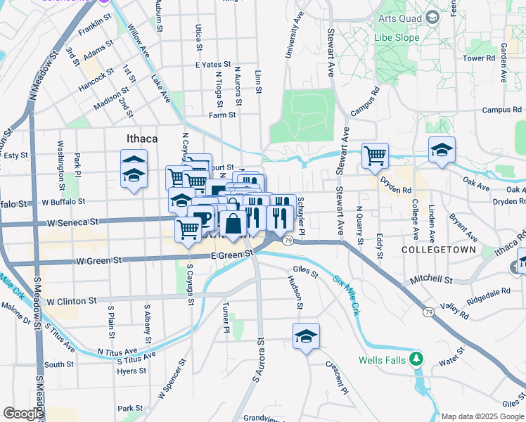 map of restaurants, bars, coffee shops, grocery stores, and more near 109 Parker Street in Ithaca