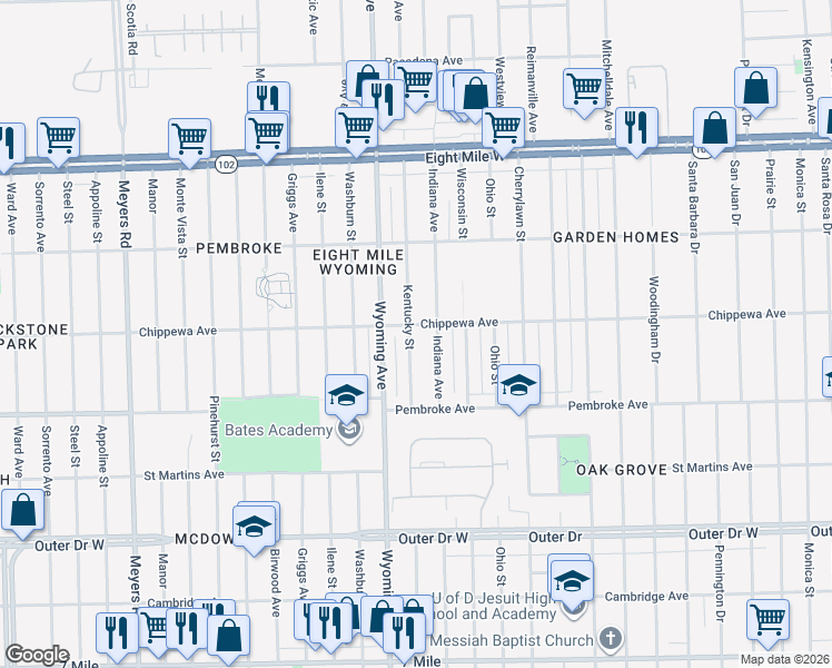 map of restaurants, bars, coffee shops, grocery stores, and more near 20104 Kentucky Street in Detroit