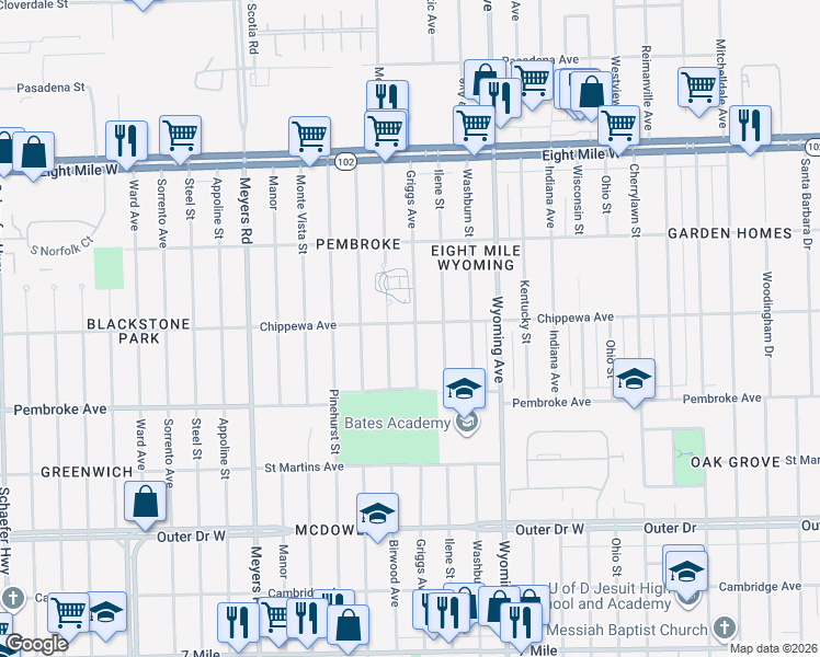 map of restaurants, bars, coffee shops, grocery stores, and more near 20100 Griggs Street in Detroit