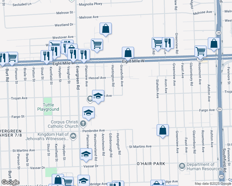 map of restaurants, bars, coffee shops, grocery stores, and more near 20237 Grandville Avenue in Detroit