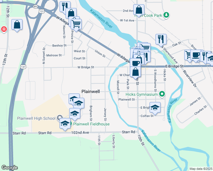 map of restaurants, bars, coffee shops, grocery stores, and more near 222 Jersey Street in Plainwell