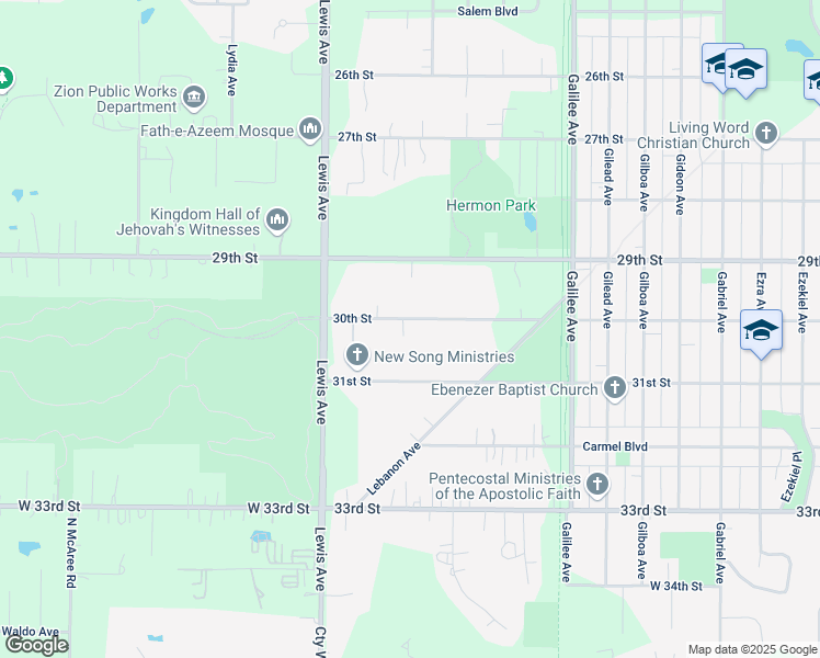 map of restaurants, bars, coffee shops, grocery stores, and more near 2820 30th Street in Zion
