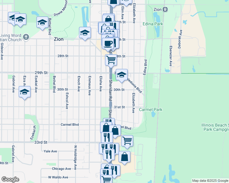 map of restaurants, bars, coffee shops, grocery stores, and more near 2935 Sheridan Road in Zion