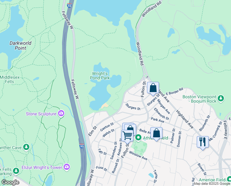 map of restaurants, bars, coffee shops, grocery stores, and more near Wright's Pond Path in Medford