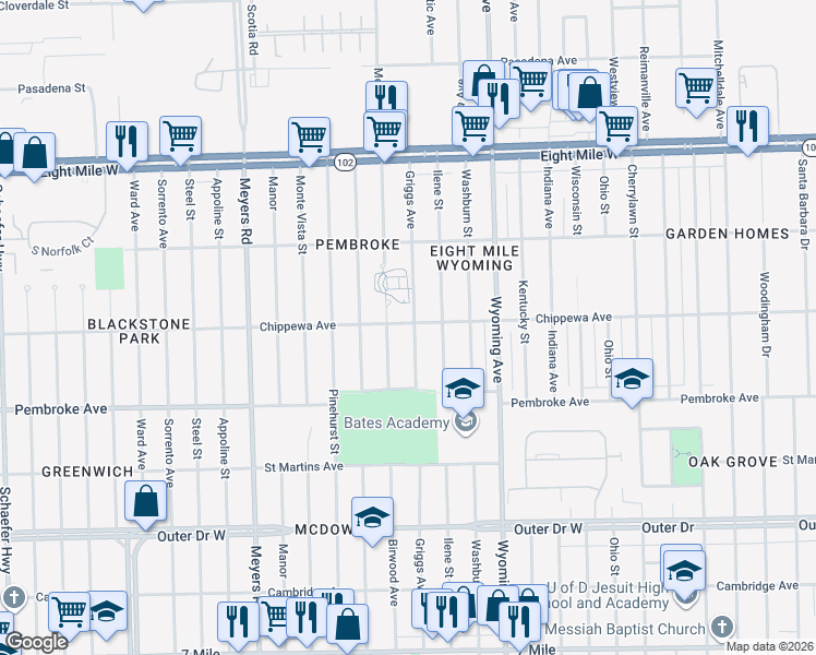 map of restaurants, bars, coffee shops, grocery stores, and more near 20100 Griggs Street in Detroit