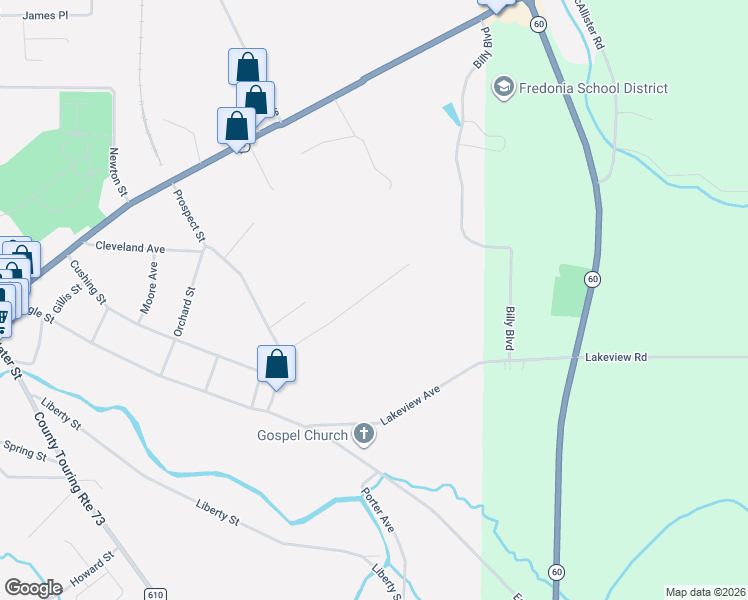 map of restaurants, bars, coffee shops, grocery stores, and more near 61 Elm Street in Fredonia