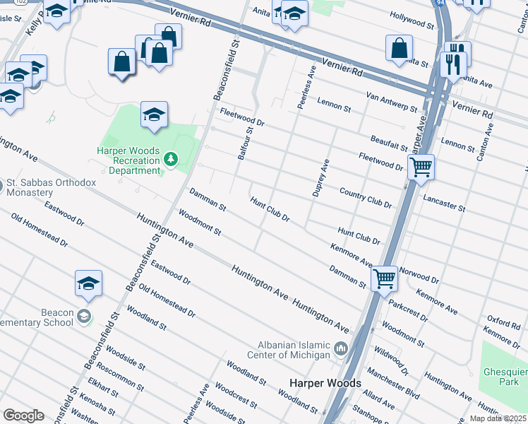 map of restaurants, bars, coffee shops, grocery stores, and more near 20201 Hunt Club Drive in Harper Woods