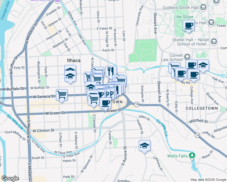 map of restaurants, bars, coffee shops, grocery stores, and more near 202 East Seneca Street in Ithaca