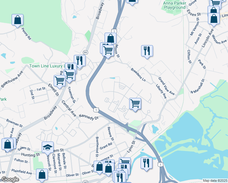 map of restaurants, bars, coffee shops, grocery stores, and more near 13 Quarry Lane in Malden