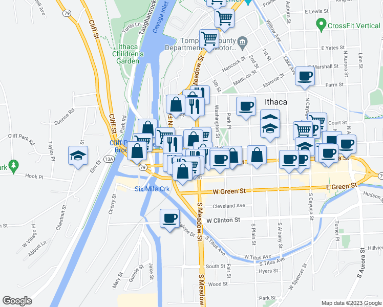 map of restaurants, bars, coffee shops, grocery stores, and more near 607 West Buffalo Street in Ithaca