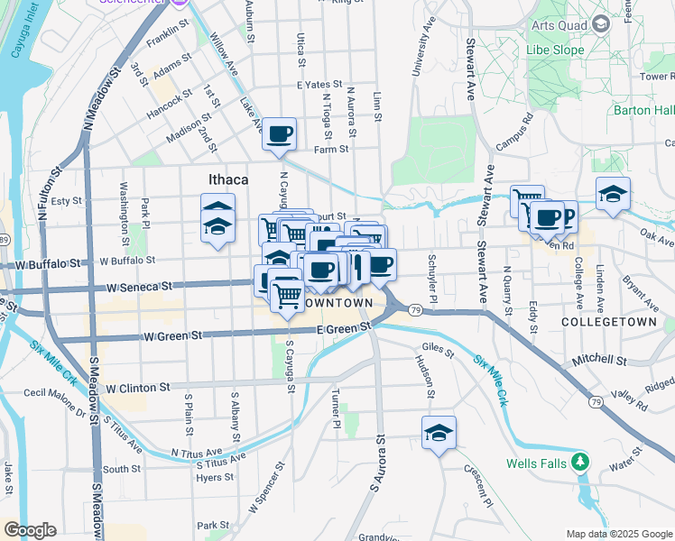 map of restaurants, bars, coffee shops, grocery stores, and more near 215 North Tioga Street in Ithaca