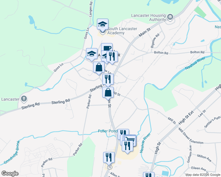 map of restaurants, bars, coffee shops, grocery stores, and more near 52 Mill Street in Lancaster