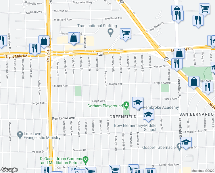 map of restaurants, bars, coffee shops, grocery stores, and more near 20108 Ferguson Street in Detroit