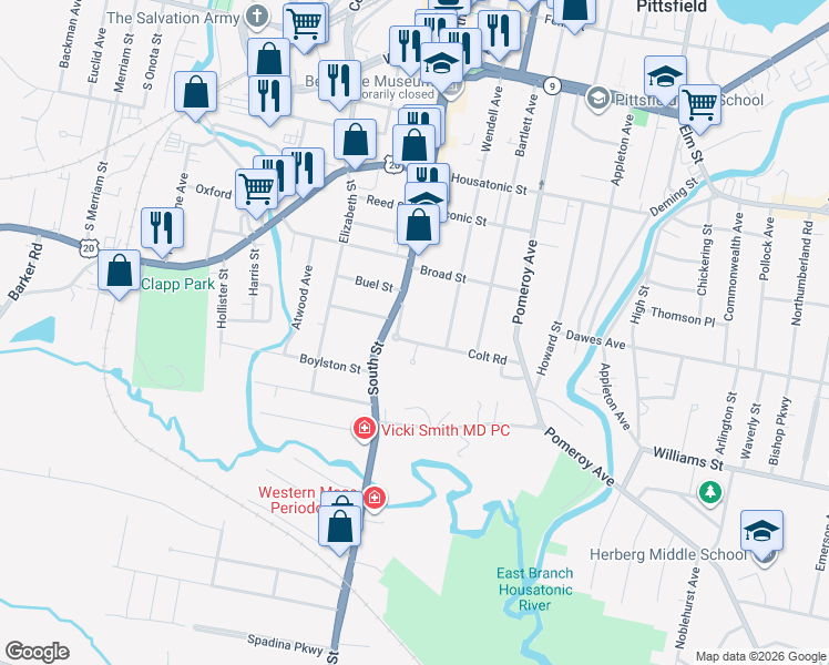 map of restaurants, bars, coffee shops, grocery stores, and more near 267 South Street in Pittsfield