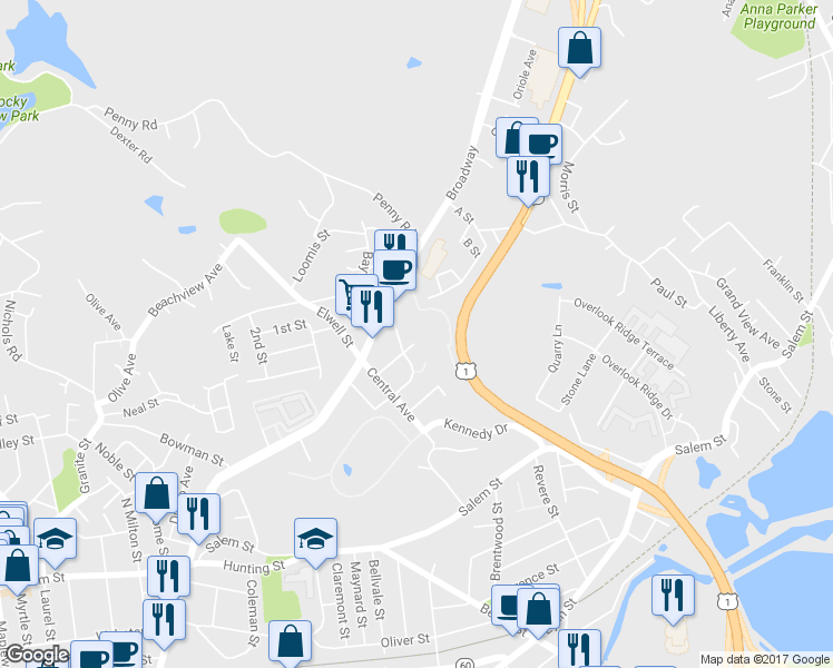 map of restaurants, bars, coffee shops, grocery stores, and more near 94-95A Greenwood Court in Malden