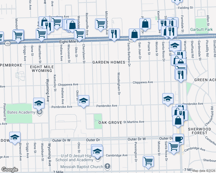 map of restaurants, bars, coffee shops, grocery stores, and more near 20063 Greenlawn Street in Detroit