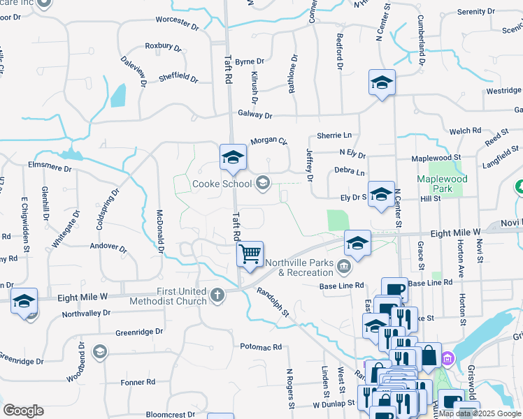 map of restaurants, bars, coffee shops, grocery stores, and more near 21092 Boulder Circle in Northville