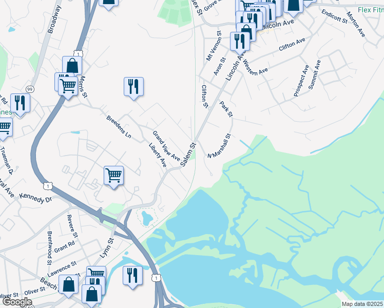 map of restaurants, bars, coffee shops, grocery stores, and more near 45 North Marshall Street in Revere
