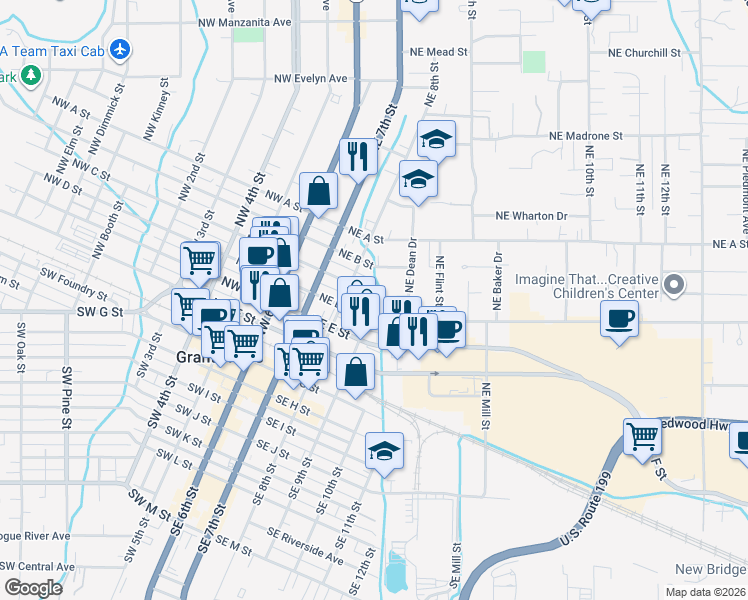 map of restaurants, bars, coffee shops, grocery stores, and more near 309 Northeast C Street in Grants Pass