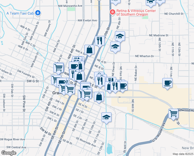 map of restaurants, bars, coffee shops, grocery stores, and more near 309 Northeast C Street in Grants Pass
