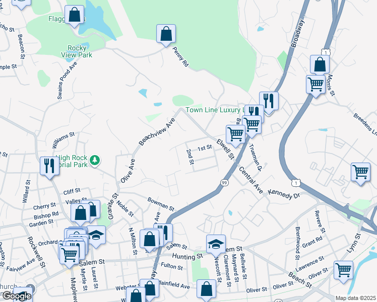 map of restaurants, bars, coffee shops, grocery stores, and more near 65 1st Street in Malden