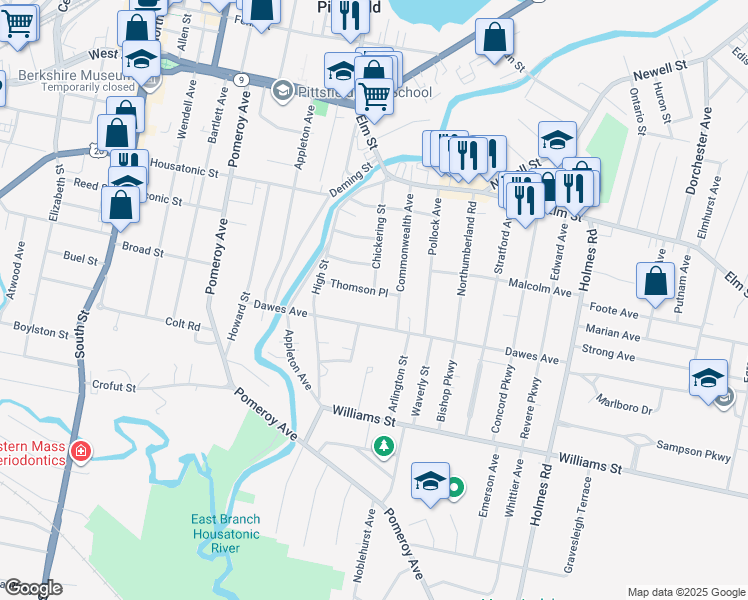 map of restaurants, bars, coffee shops, grocery stores, and more near 38 Thomson Place in Pittsfield