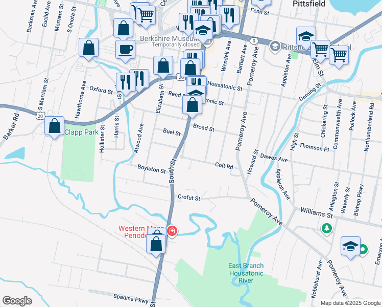 map of restaurants, bars, coffee shops, grocery stores, and more near 267 South Street in Pittsfield
