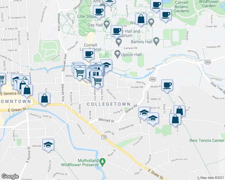 map of restaurants, bars, coffee shops, grocery stores, and more near 320 Elmwood Avenue in Ithaca