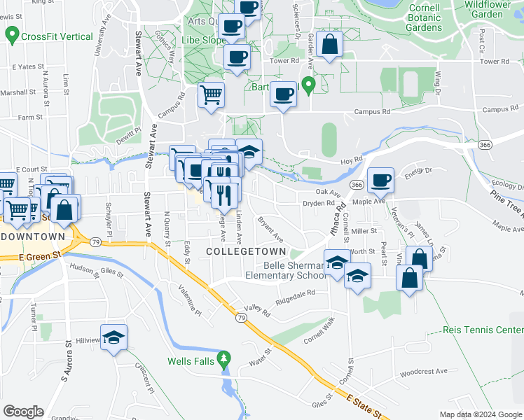 map of restaurants, bars, coffee shops, grocery stores, and more near 306 Bryant Avenue in Ithaca