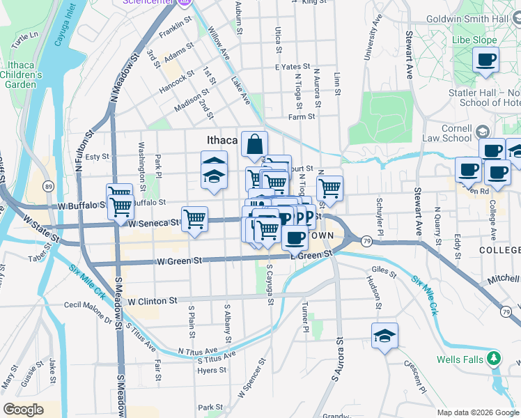 map of restaurants, bars, coffee shops, grocery stores, and more near 113-13.5 West Buffalo Street in Ithaca
