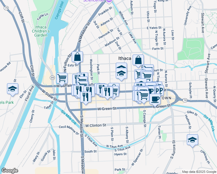 map of restaurants, bars, coffee shops, grocery stores, and more near 409 West Buffalo Street in Ithaca