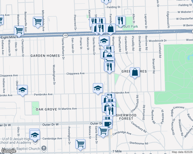 map of restaurants, bars, coffee shops, grocery stores, and more near 20045 Stoepel Street in Detroit