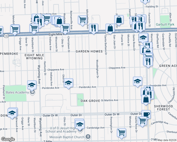 map of restaurants, bars, coffee shops, grocery stores, and more near 20063 Greenlawn Street in Detroit