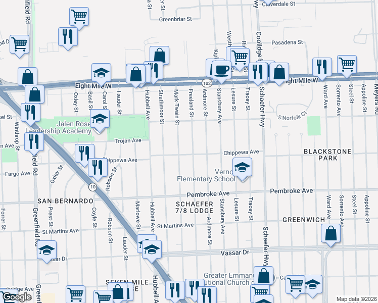 map of restaurants, bars, coffee shops, grocery stores, and more near 20119 Freeland Street in Detroit