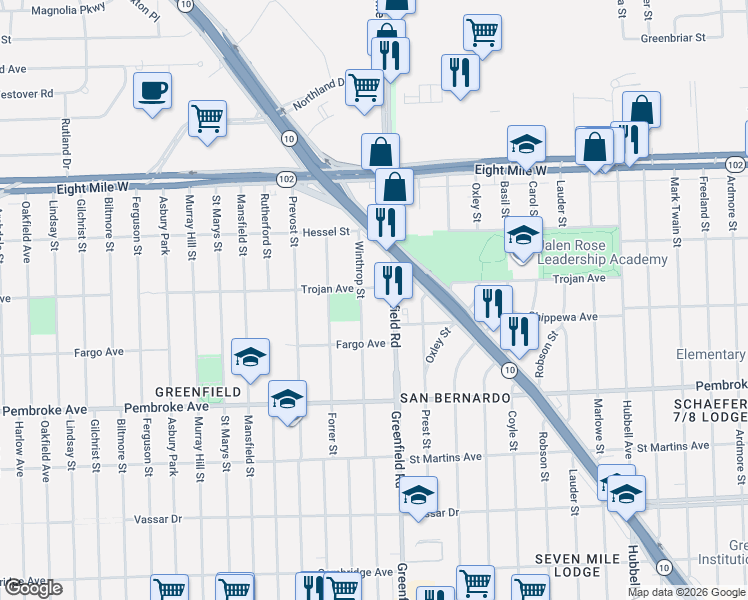 map of restaurants, bars, coffee shops, grocery stores, and more near 20171 Greenfield Road in Detroit