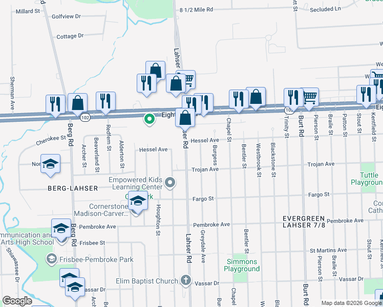 map of restaurants, bars, coffee shops, grocery stores, and more near 20271 Lahser Road in Detroit