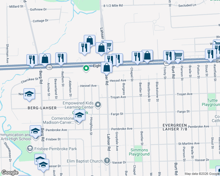 map of restaurants, bars, coffee shops, grocery stores, and more near 20271 Lahser Road in Detroit