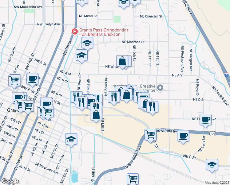 map of restaurants, bars, coffee shops, grocery stores, and more near 832 Northeast D Street in Grants Pass