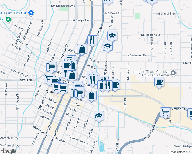 map of restaurants, bars, coffee shops, grocery stores, and more near 309 Northeast C Street in Grants Pass