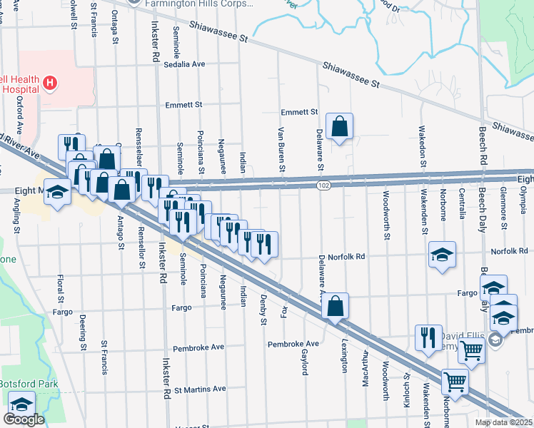 map of restaurants, bars, coffee shops, grocery stores, and more near 20523 Fox in Redford Charter Township