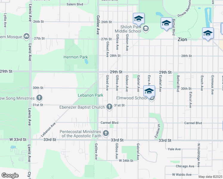map of restaurants, bars, coffee shops, grocery stores, and more near 3001 Gilead Avenue in Zion