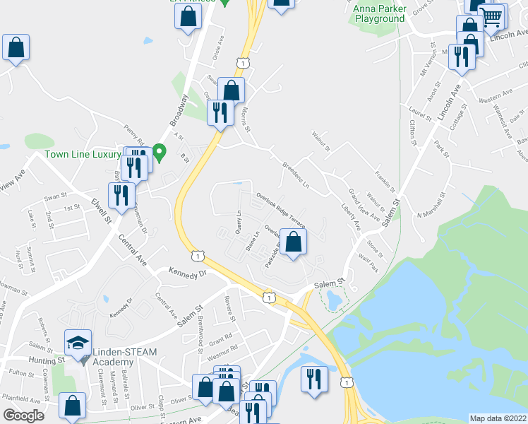 map of restaurants, bars, coffee shops, grocery stores, and more near 1 Stone Lane in Malden