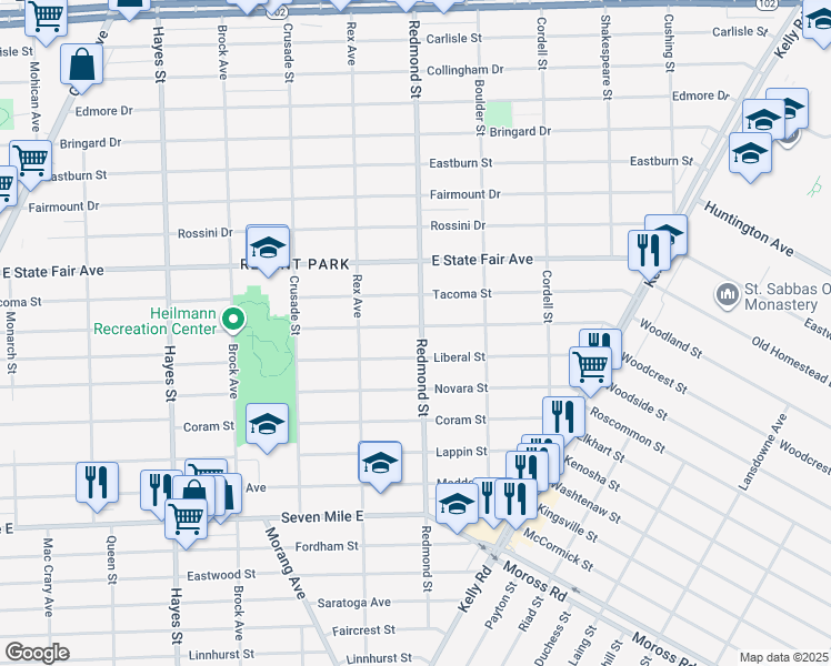 map of restaurants, bars, coffee shops, grocery stores, and more near 15910 Manning Street in Detroit