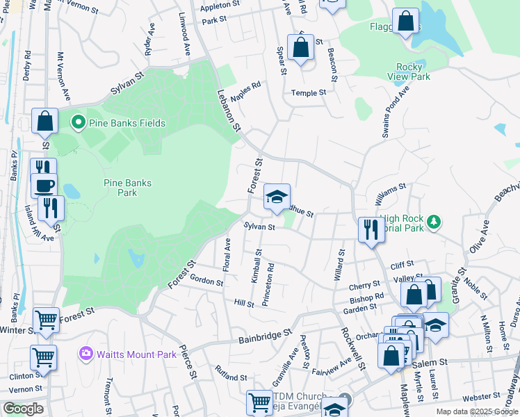map of restaurants, bars, coffee shops, grocery stores, and more near 341 Forest Street in Malden